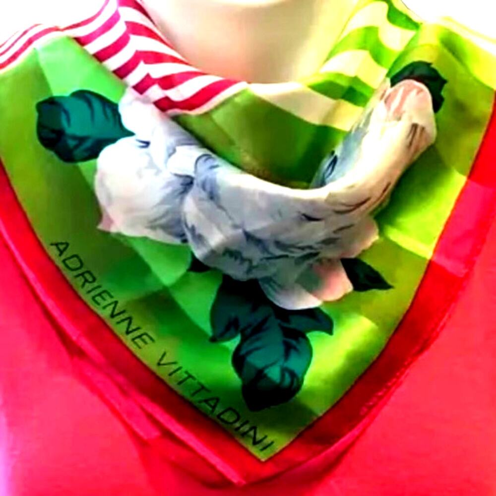 Adrienne Vittadini Scarf Womens 100% Silk Colorblock Floral Hot Pink Lime Green